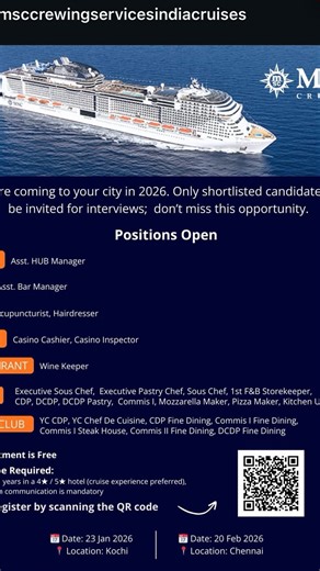 Ram Lambor on Instagram: "MSC cruise line Jop openings…… We are coming to your city in 2026. Only shortlisted candidates will be invited for interviews; don’t miss this opportunity. Positions Open PHOTO Asst. HUB Manager BAR Asst. Bar Manager SPA Acupuncturist, Hairdresser CASINO Casino Cashier, Casino Inspector RESTAURANT Wine Keeper GALLEY YACHT CLUB Executive Sous Chef, Executive Pastry Chef, Sous Chef, 1st F&B Storekeeper, CDP, DCDP, DCP Pastry, Commis I, Mozzarella Maker, Pizza Maker, Kitch