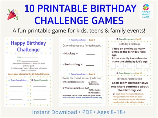 Birthday Party Games | Printable Challenge Cards | Fun Game for Kids, Teens & Family - Etsy