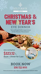 47 reactions · 10 comments | "An unforgettable dinner in a spectacular hotel" Don't miss the opportunity to have an incredible dinner together with your family.  Rates Starting from: $323.12* Dinner Included for 2 pax (Choice between New Year's dinner and Christmas dinner) ️Different room options * Terms and restrictions apply. Subject to availability. | Split Rock Resort | Facebook