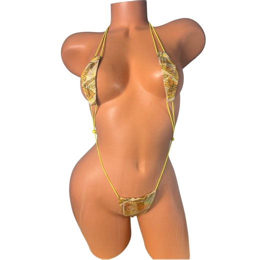 Gold Money Print Micro Slingshot Bikini – Yellow Straps One Piece Thong for Rave, Pool, Exotic Stagewear - Etsy