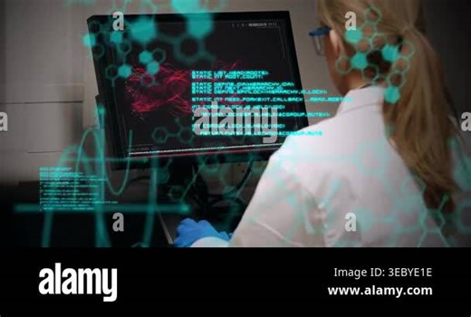 Lab researcher interacting screen as code refreshing analyzing red molecular data with hex overlay. Scientist, visualization, monitor, gloves, sterile, futuristic, workstation Stock Video Footage - Alamy