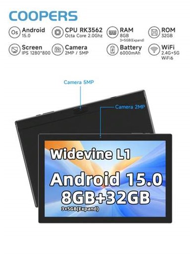 Coopers 10.1" Android 15 Tablet, RK3562 2.0GHz Quad-Core Processor, 8GB (3GB+5GB Expandable) RAM + 32GB ROM/1TB Expandable Storage, 2.5G+5G+WiFi 6, 2MP+5MP Camera, 6000mAh Battery, Supports Gaming, 10" Android Laptop/Widevine L1 (Adapter Not Included) | SHEIN