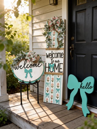 Spring Porch Decor Set, Floral Door Hanger, Welcome Leaner Sign, Bow Door Decor, Farmhouse Porch Set, Easter Porch Decor Bundle - Etsy