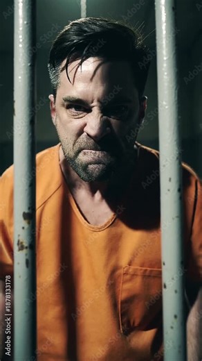 Aggressive male inmate in orange jumpsuit gripping prison bars. Angry prisoner shouting and showing teeth behind cell door. Vertical video with zooming camera movement.