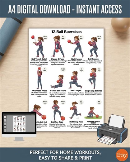 Senior Fitness Ball Workout Printable | 12 Ball Exercises for Strength, Balance & Coordination | Digital Download - Etsy