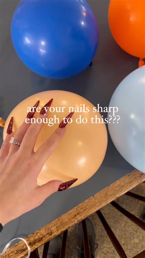 how sharp i like my stilettos😉🔪 mind you these are over a week old!! p.s. don’t mind the screaming, i was at a childrens birthday party and they were all chasing each other💀 #nails #longnails #stilettonails #sharpnails #xlnails #nailreels #balloonpopping | Kcbeauty