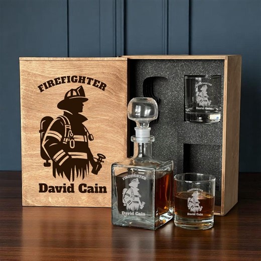Fireman Whiskey Decanter Set With Engraved Glasses Fire Department Retirement Gift in Personalized Wooden Gift Box - Etsy