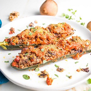 Meaty Vegan Stuffed Zucchini Boats - Debra Klein