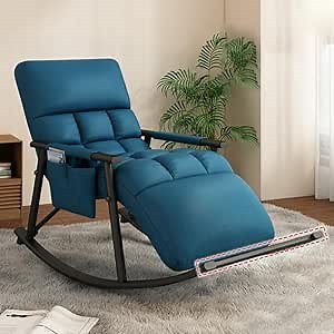 LITFAD Comfortable and Stylish Rocking Chair Perfect Upholstered Lounge Chair Indoor Manual Recliner Adjustable Leg Rest Leisure Couch for Living Room, Bedroom - Blue Black Leg