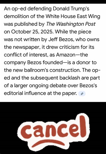 Bezo is a ballroom donor so of course he would compromise the legacy of The Washington Post integrity by publishing an opinion piece supporting the tearing down of the East Wing of the White House! The Washington Post is Compromised and publishing POTUS and Trump administration propaganda now! #wapo #bezo #whitehouse #amazon #ballroom