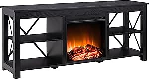Henn&Hart Rectangular TV Stand with Log Fireplace for TV's up to 65" in Black, TV Stands for the Living Room