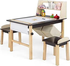 Costzon Kids Art Table and Chair Set, Wooden Activity Table and 2 Stools w/a Paper Roll, 2 Markers, 2 Storage Bins for 3+ Years Old Boys Girls Drawing Painting Craft, Toddler Table and Chairs (Brown)