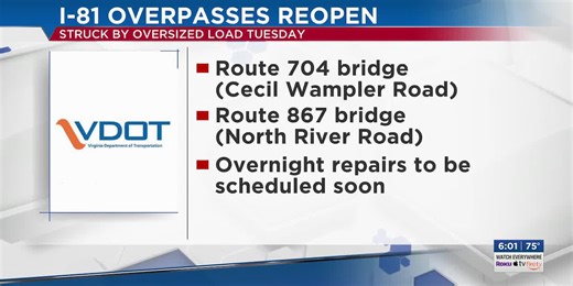 Damaged overpasses over Interstate 81 reopen for travel in Rockingham County