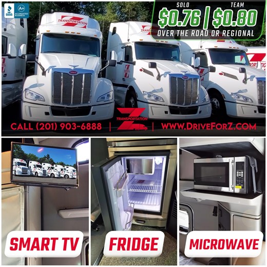Don't settle for less, you deserve the best. Apply today and get everything that you deserve! Apply today at DriveForZ.com • Solo $0.76 CPM • Team $0.80 CPM • New Trucks - Peterbilt 579 Ultra Loft, Volvo VNL 760 & 860 • Dry Van Only! • $2,000 Weekly Guarantee* • Fully Equipped With Microwave, Fridge, Smart TV, and Inverter. • OTR or Regional With Flexible Home Time • On Your First Load Within 48 Hours! • Benefits From The First Day! Apply Here - DriveForZ.com | Drive For Z Transportation