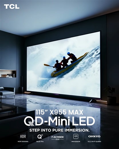 207K views · 1.7K reactions | The TCL X955 Max surrounds you in cinematic brilliance with 115 inches of QD-Mini LED precision and Dolby Vision IQ clarity. It’s not entertainment, it’s an experience that pulls you in, frame by frame. Learn more: https://bit.ly/3Ur1RiU #QDMiniLED #QDMiniLEDTV #TCLTVs #X955Max | TCL Electronics | Facebook