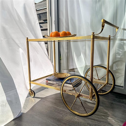 Vintage Brass Bar Cart With Smoked Glass | Mid Century Modern Serving Trolley | French Tea Cart, Drinks Trolley | Rolling Side Table - Etsy