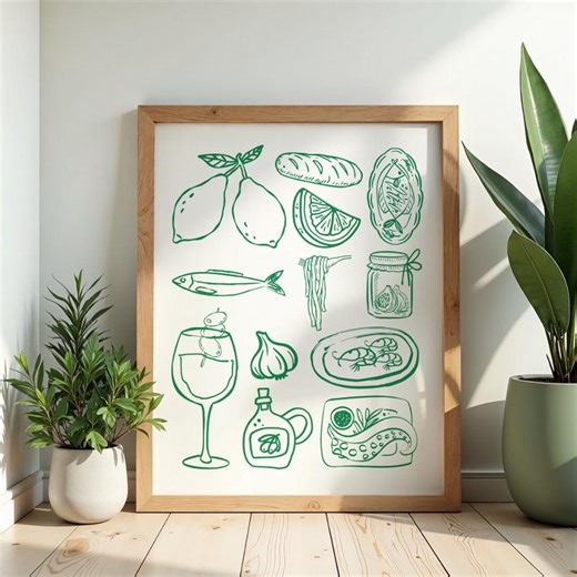 Mediterranean Food Line Art Print, Green Kitchen Decor (digital Download, PDF) - Etsy