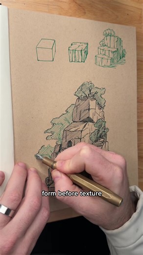 Tap the link in my bio to start the drawing drills course today. This cliffside dwelling started as a cube. Then I modified it. Cut into the planes. Shift the edges. Stack and rotate the forms. Before long, that single cube turns into a mountain cliff face with a doorway carved into the rock. That’s the real process behind imaginative drawing. You don’t start with the finished scene. You start with a simple form and keep modifying it until the environment appears. Boxes become cliffs. Cubes beco