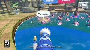 It's feeding time! You and a friend can have fun feeding hippos in the Nintendo Labo: VR Kit game Kablasta. Use the Toy-Con Blaster to throw various types of fruit into hippos’ mouths and guide them to your side of the pool. The player with the most hippos on their side wins! https://labo.nintendo.com/kits/vr-kit/ | Nintendo of America