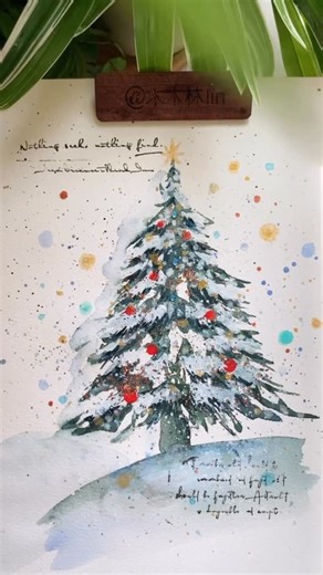 Paola Luther on Instagram: "In this watercolor by @linyeran2026 the tree is shaped through selective marks rather than full rendering. Broken strokes suggest branches while untouched white paper becomes snow and light. The restrained ornaments anchor the values showing how atmosphere and contrast can define form without overworking the surface."