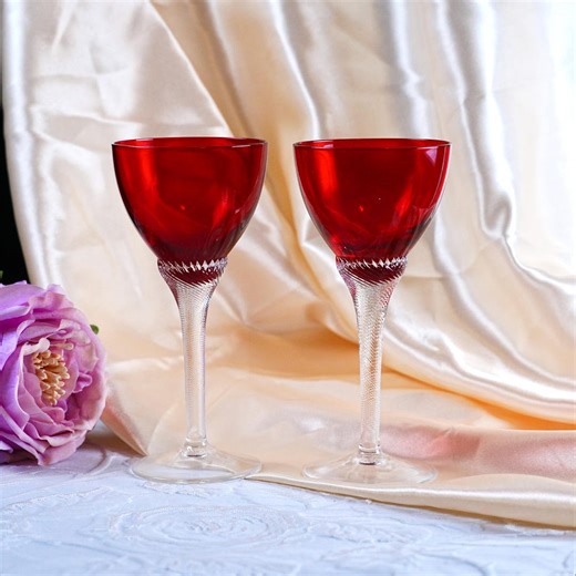 Vintage Ruby Red Cordial Glasses Pair – Hand Blown Twisted Spiral Stem, European Art Glass Liqueur Goblets, Mid Century Barware 1950s