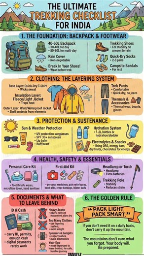 Travulls® - Travel Adventures on Instagram: "The lighter your backpack, the easier every step feels. Less weight means less struggle, more breath, and more time to enjoy the views. Carry only what you need, and let the mountains give you memories — not back pain. 🏔️ Save this checklist before your next trek in India. 🏔️ #TRAVULLS #TrekkingIndia #MountainBasics"
