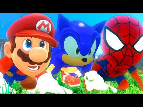 Super Mario Odyssey: Mario vs Sonic vs Spiderman - Full Game Walkthrough (3-Player Splitscreen Race)