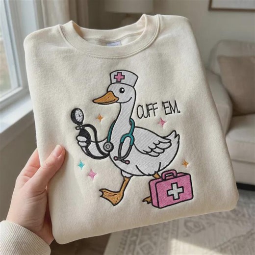 Funny Nurse Embroidery Sweater| Cute Nurse Goose Machine Embroidery Hoodie| Nurse Humor Embroidery | Nurse Gift PES DST - Etsy