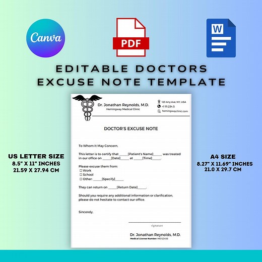 Editable Doctor’s Excuse Note Template | Printable Doctor’s Note | Work - School Excuse Letter | PDF - Word | Doctor’s Note With Signature - Etsy