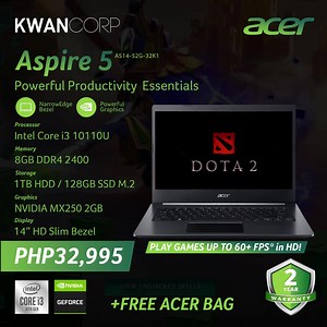 The Acer Aspire 5 comes with the latest 10th Gen Intel i3 processor with up to 4.1Ghz and 4 CPU Threads, an Nvidia GeForce MX250 GPU with GDDR5 VRAM and a SUPER fast 128GB SSD!. Tech Specs: Brand : Acer Series : Aspire 5 Model : A514-52G-32K1 SRP : 34,595 Sale Price : 32,995 Discount : 5% CPU : Intel i3 Comet Lake CPU Model : 10110U / 4.1Ghz Memory 1 : 4GB DDR4 2400 Memory 2 : 4GB DDR4 2400 (Upgradable) Integ. GFX : Intel UHD Graphics Dedicted GFX : nVIDIA Geforce GFX Model : MX250 2GB GDDR5 Sto