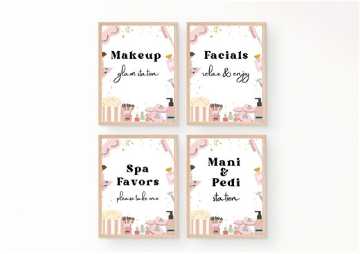 Spa & Sleepover Birthday Party Sign Bundle | Digital Download | Girl Slumber Party Makeup, Mani Pedi, Spa Sign | Editable Canva Template - Etsy