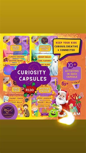 🎅🏽 Santa’s Secret: “This festive season, let your little ones dive into a world of Science & Magic with a hands-on adventure kit!” 🌟🔮 ✨ 4 Magical Worlds to Explore ✨ Magnetic Marvels 🧲 Glow-in-the-Dark Mysteries 🌌 Colour-Changing Wonders 💫 Sensory Play Surprises 🍪 🔮 Each kit is packed with 10 mind-blowing activities to ignite curiosity and creativity. 🌱 👦🏼 For explorers 5 🚚 Free delivery (no reindeer required) 💸 Only R130 per kit 📲 DROP US A WHATSAPP NOW to grab your kit and unwra