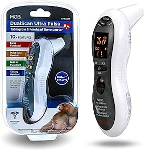 MOBI - Ultra Pulse Digital Thermometer - Ear & Forehead indicator Pulse Rate Monitor Flashlight - Talking Digital Fever Monitor for Baby Kids & Adult