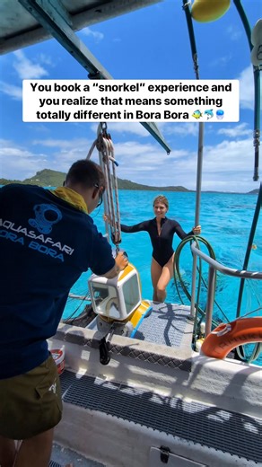 You need to watch this it is wild!! Follow @megsandpat Bora Bora is not all glam and beaches they have tons of cool stuff to do like this Aqua Safari. If you have ever wondered what being an astronaut or a 19th century diver feels like this excursion is for you. They put this dive helmet on you and then fill it with pressurized air as they lower you into the water so you can breath normally. Because the helmet is air filled its kind of floaty so you end up being lighter and able to jump around l