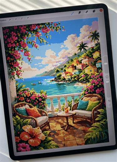 This painting starts as tiny numbers… and slowly turns into a colorful seaside escape 🌺🌊 Paint by number on iPad is oddly relaxing. Just filling one color at a time. Part of my new “Vibrant Tropical Escape” paint by numbers set ✨ Save this for your next cozy art moment. #paintbynumber #digitalcoloring #cozyhobby #arttherapy #stressrelief