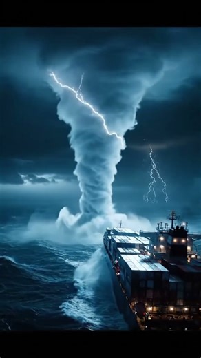 Rare Cockpit POV: Colossal Tornado Dwarfs Container Ship