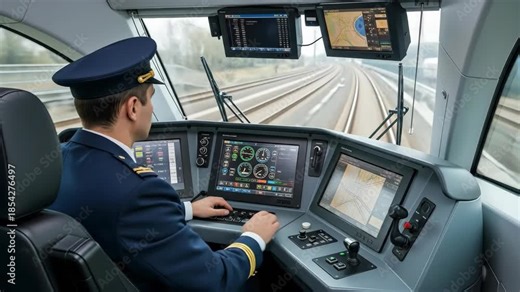 Train engineer monitoring digital dashboard in modern highspeed train cockpit