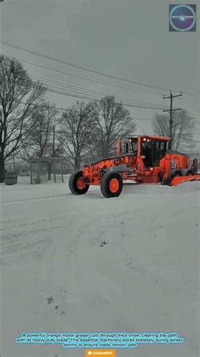 Powerful & Efficient: Orange Motor Grader Clearing Heavy Snow for Safe Winter Road Access