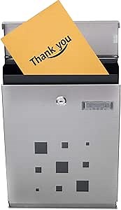 Modern Stainless Steel Mailbox - Vertical Wall Mount - Powder Coated Galvanized - Weather Proof - Lockable w/Spare Keys (Stainless Steel w/Black Trim)