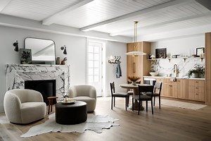 Step Into The McGee Home Basement: Kitchenette & Fireplace