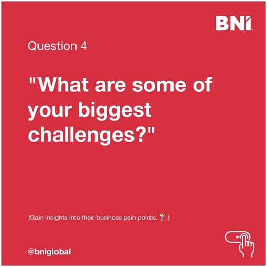 1.6K views · 24 reactions | Networking events can be a powerful way to build meaningful connections, but only if you know the right questions to ask. Here are 5 must-ask questions that will open up new perspectives, opportunities, and surely multiply your connections! Try them at your next networking event, and be sure to share it with a friend! #BNI #BNIMembers #Networking #Connections | BNI - The World's Leading Referral Organization | Facebook