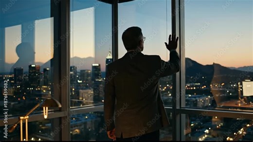 Man in Suit Gazes Out of High Rise Window at Cityscape During Sunset, Reflecting on View and Creating Contemplative Atmosphere in Modern Office