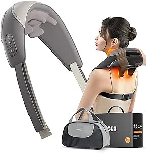 Shiatsu Neck and Shoulder Massager with Heat for Pain Relief Deep Tissue, Portable Massagers for Neck and Back, Gifts for Men and Woman (Grey with Leather Handbag)