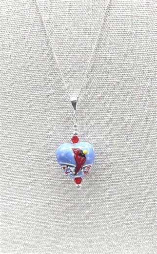 Red Cardinal Heart Lampwork Pendant Necklace: Sterling Silver Beads and Chain, Boho Valentine’s Day Jewelry - Etsy