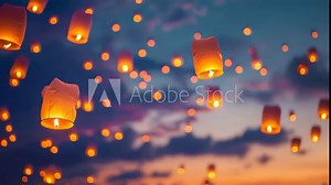 A stunning scene of numerous paper lanterns flying in the sky, Glowing lanterns floating in the sky during an Islamic festival night