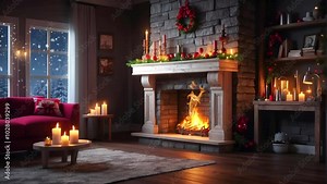 3D cartoon illustration of a cozy fireplace with red candles and a green Christmas wreath on the wall, surrounded by presents in front. In the background, there is an elegant armchair beside it. AI Stock Video