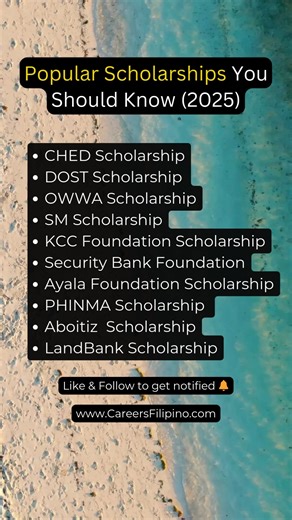 1.5M views · 9.6K reactions | Top 10 Popular Scholarships You Should Know (2025)  Tip: Go to Google and search “Careers Filipino” — check the scholarship you’re interested in!  Like & Follow to get notified  #Scholarship2025 #college #fypシ゚viralシfypシ゚viralシalシ #reelsviralシfb #ched #SMScholar #owwa #reelsviralシ #fypシ | Careers Filipino | Facebook