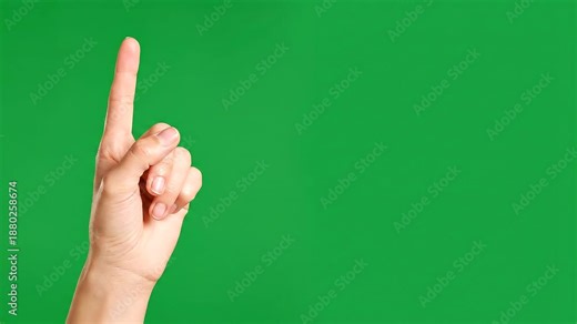 Hand pointing up green screen background.