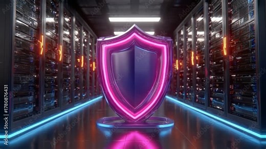 Cyber Security Shield in Data Center: An emblematic shield of cyber security glows in a futuristic data center, symbolizing the protection of digital information and network infrastructure.