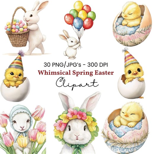 Whimsical Spring Easter Clipart Bundle - 30 Pngs Watercolor Bunnies, Lambs and Chicks With Eggs, Floral Wreaths & Spring Elements - Etsy